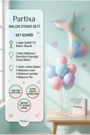 Makaron Denizkızı Kuyruğu Balon Stand Seti | Şeffaf 7’li Stand + Makaron Denizkızı Kuyruğu Folyo Balon + 7 Lateks Balon
