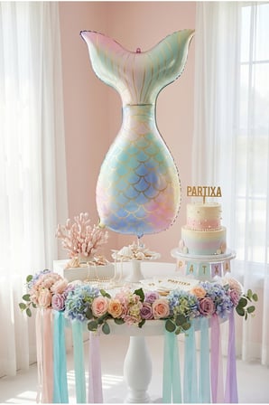 Makaron Denizkızı Kuyruğu Balon Stand Seti | Şeffaf 7’li Stand + Makaron Denizkızı Kuyruğu Folyo Balon + 7 Lateks Balon