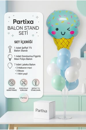 Dondurma Figürlü Mavi Balon Stand Seti | Şeffaf 7’li Stand + Dondurma Folyo Balon + 7 Lateks Balon