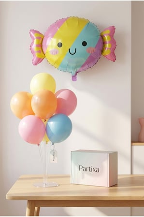 Şeker Figürlü Pastel Balon Stand Seti | Şeffaf 7’li Stand + Şeker Folyo Balon + 7 Makaron Renk Lateks Balon