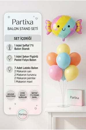 Şeker Figürlü Pastel Balon Stand Seti | Şeffaf 7’li Stand + Şeker Folyo Balon + 7 Makaron Renk Lateks Balon