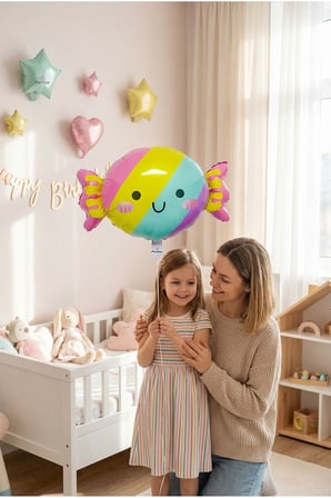 Şeker Figürlü Pastel Balon Stand Seti | Şeffaf 7’li Stand + Şeker Folyo Balon + 7 Makaron Renk Lateks Balon