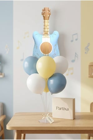 Retro Mat Mavi Gitar Balon Stand Seti | Şeffaf 7’li Stand + Retro Mat Mavi Gitar Folyo Balon + 7 Lateks Balon