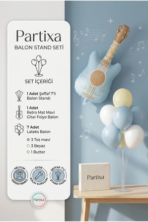 Retro Mat Mavi Gitar Balon Stand Seti | Şeffaf 7’li Stand + Retro Mat Mavi Gitar Folyo Balon + 7 Lateks Balon