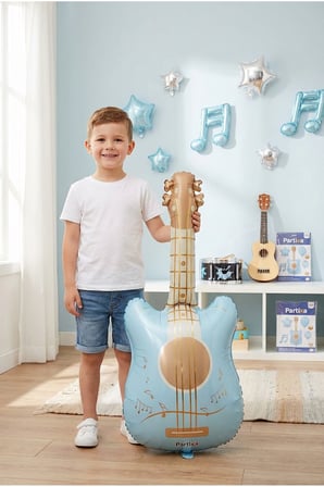 Retro Mat Mavi Gitar Balon Stand Seti | Şeffaf 7’li Stand + Retro Mat Mavi Gitar Folyo Balon + 7 Lateks Balon
