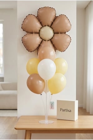 Papatya Mat Karamel Retro Balon Stand Seti | Şeffaf 7’li Stand + Papatya Folyo Balon + 7 Lateks Balon