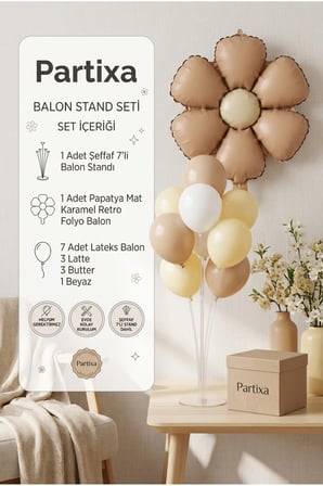 Papatya Mat Karamel Retro Balon Stand Seti | Şeffaf 7’li Stand + Papatya Folyo Balon + 7 Lateks Balon