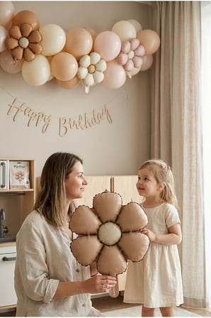 Papatya Mat Karamel Retro Balon Stand Seti | Şeffaf 7’li Stand + Papatya Folyo Balon + 7 Lateks Balon