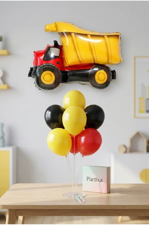 İnşaat Damperli Kamyon Balon Stand Seti | Şeffaf 7’li Stand + Damperli Kamyon Folyo Balon 79×66 cm + 7 Lateks Balon