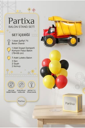 İnşaat Damperli Kamyon Balon Stand Seti | Şeffaf 7’li Stand + Damperli Kamyon Folyo Balon 79×66 cm + 7 Lateks Balon