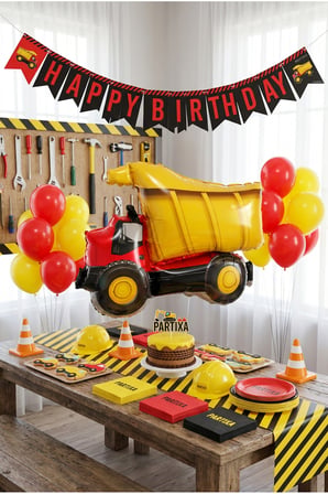 İnşaat Damperli Kamyon Balon Stand Seti | Şeffaf 7’li Stand + Damperli Kamyon Folyo Balon 79×66 cm + 7 Lateks Balon