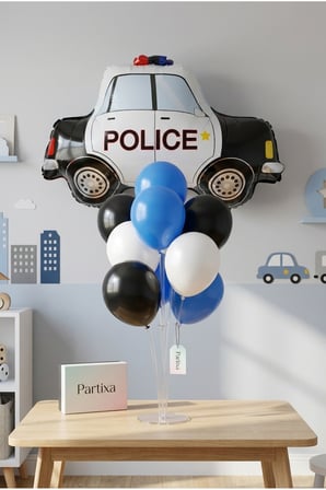 Polis Arabası Balon Stand Seti | Şeffaf 7’li Stand + Polis Arabası Folyo Balon 76×59 cm + 7 Lateks Balon