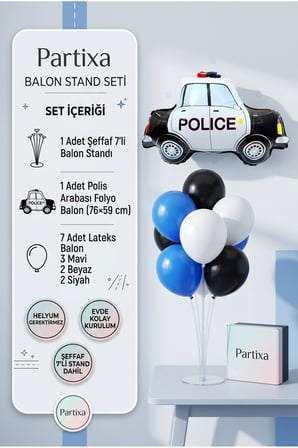 Polis Arabası Balon Stand Seti | Şeffaf 7’li Stand + Polis Arabası Folyo Balon 76×59 cm + 7 Lateks Balon