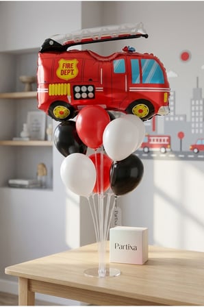 İtfaiye Arabası Balon Stand Seti | Şeffaf 7’li Stand + İtfaiye Arabası Folyo Balon 74×80 cm + 7 Lateks Balon