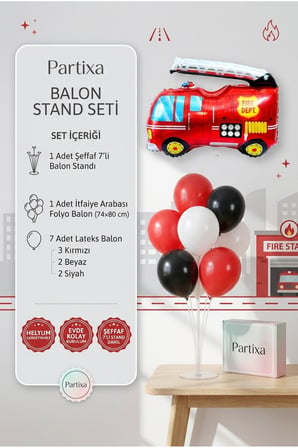 İtfaiye Arabası Balon Stand Seti | Şeffaf 7’li Stand + İtfaiye Arabası Folyo Balon 74×80 cm + 7 Lateks Balon