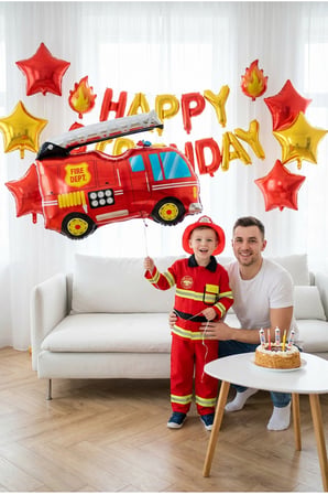 İtfaiye Arabası Balon Stand Seti | Şeffaf 7’li Stand + İtfaiye Arabası Folyo Balon 74×80 cm + 7 Lateks Balon