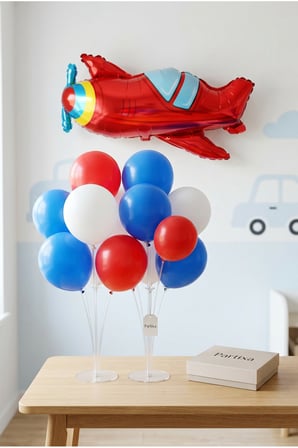 Kırmızı Uçak Balon Stand Seti | Şeffaf 7’li Stand + Kırmızı Uçak Folyo Balon 94×50 cm + 7 Lateks Balon