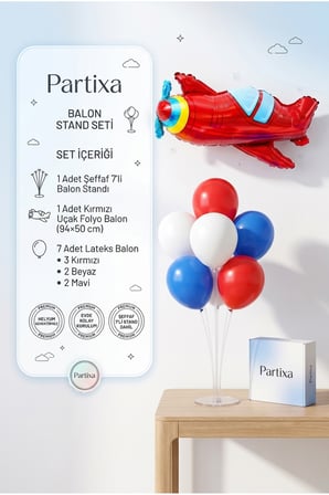Kırmızı Uçak Balon Stand Seti | Şeffaf 7’li Stand + Kırmızı Uçak Folyo Balon 94×50 cm + 7 Lateks Balon