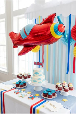 Kırmızı Uçak Balon Stand Seti | Şeffaf 7’li Stand + Kırmızı Uçak Folyo Balon 94×50 cm + 7 Lateks Balon