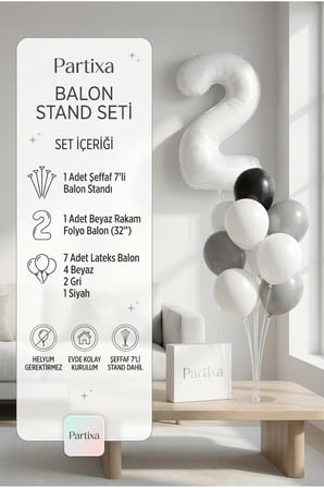 Beyaz Rakam Balon Stand Seti | Şeffaf 7’li Stand + Beyaz Rakam Folyo Balon 32” + 7 Lateks Balon (Beyaz-Gri-Siyah)
