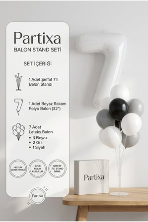 Beyaz Rakam Balon Stand Seti | Şeffaf 7’li Stand + Beyaz Rakam Folyo Balon 32” + 7 Lateks Balon (Beyaz-Gri-Siyah)