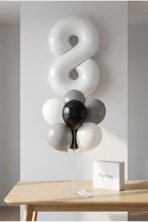 Beyaz Rakam Balon Stand Seti | Şeffaf 7’li Stand + Beyaz Rakam Folyo Balon 32” + 7 Lateks Balon (Beyaz-Gri-Siyah)