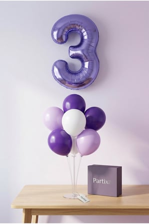 Mor Rakam Balon Stand Seti | Şeffaf 7’li Stand + Mor Rakam Folyo Balon 32” + 7 Lateks Balon (Mor-Lila-Beyaz)