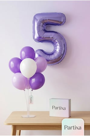 Mor Rakam Balon Stand Seti | Şeffaf 7’li Stand + Mor Rakam Folyo Balon 32” + 7 Lateks Balon (Mor-Lila-Beyaz)