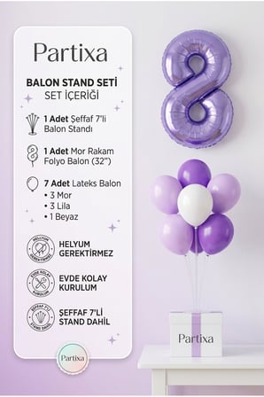 Mor Rakam Balon Stand Seti | Şeffaf 7’li Stand + Mor Rakam Folyo Balon 32” + 7 Lateks Balon (Mor-Lila-Beyaz)