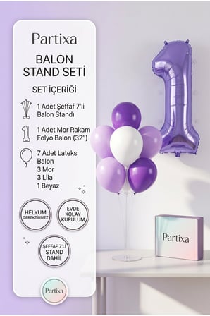 Mor Rakam Balon Stand Seti | Şeffaf 7’li Stand + Mor Rakam Folyo Balon 32” + 7 Lateks Balon (Mor-Lila-Beyaz)