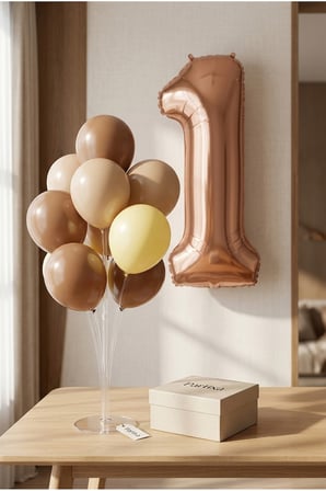 Çikolata Kahverengi Rakam Balon Stand Seti | Şeffaf 7’li Stand + Çikolata Kahverengi Rakam Folyo Balon 32” + 7 Lateks Balon (Mocha-Latte-Butter)