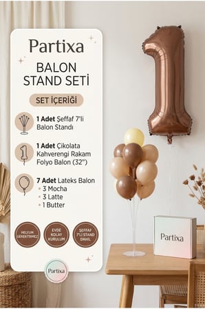 Çikolata Kahverengi Rakam Balon Stand Seti | Şeffaf 7’li Stand + Çikolata Kahverengi Rakam Folyo Balon 32” + 7 Lateks Balon (Mocha-Latte-Butter)