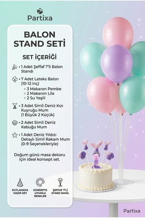 Deniz Kızı Temalı Simli Rakam Mum ve Balon Standı Seti - Doğum Günü Parti Süsleme Paketi (0-9 Yaş)