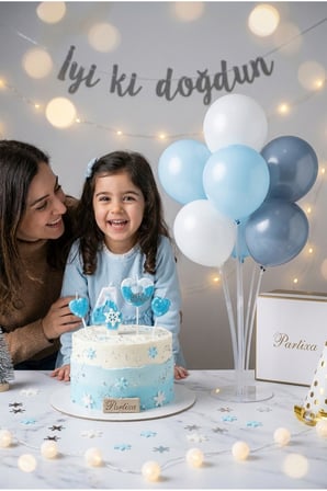 Kar Tanesi Konsept Rakamlı Pasta Mumu & Balon Stand Seti - Doğum Günü Süsleme