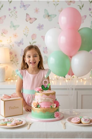 Peri Bahçesi Konseptli Kelebek Rakamlı Pasta Mumu & Balon Stand Seti - Pembe Yeşil Doğum Günü Süsleme