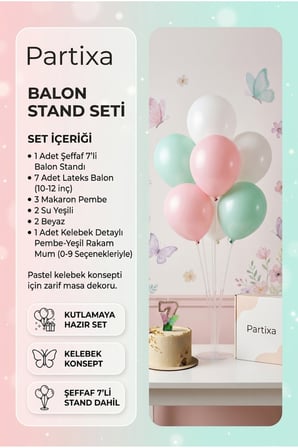 Peri Bahçesi Konseptli Kelebek Rakamlı Pasta Mumu & Balon Stand Seti - Pembe Yeşil Doğum Günü Süsleme