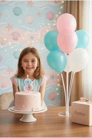 Deniz Kabuğu Temalı Mavi Pembe Rakam Mum ve Balon Standı Seti - Doğum Günü Parti Süsleme Paketi (0-9 Yaş)