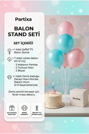Deniz Kabuğu Temalı Mavi Pembe Rakam Mum ve Balon Standı Seti - Doğum Günü Parti Süsleme Paketi (0-9 Yaş)