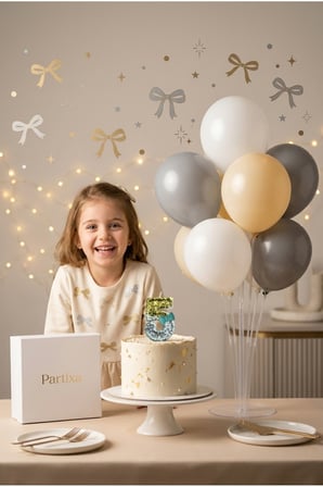 Işıltılı Altın Gümüş Simli Fiyonk Konseptli Rakamlı Pasta Mumu & Balon Stand Seti - Şık Doğum Günü Süsleme