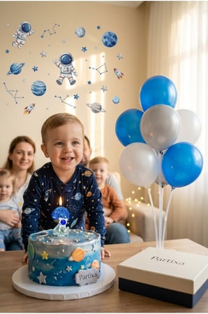 Uzay Yolculuğu Astronot Konseptli Rakamlı Pasta Mumu & Balon Stand Seti - Mavi Gümüş Galaksi Parti Paketi