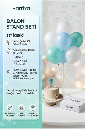Okyanus Işıltısı Figürlü Deniz Kabuğu Rakam Mum ve Masa Üstü Balon Standı Kombini - Deniz Altı Parti Seti