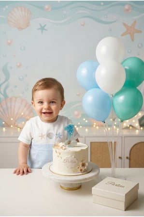 Okyanus Işıltısı Figürlü Deniz Kabuğu Rakam Mum ve Masa Üstü Balon Standı Kombini - Deniz Altı Parti Seti