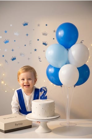 Küçük Prens Konseptli Mavi Simli Taç Detaylı Rakam Mum & Balon Stand Seti - Kraliyet Temalı Parti Paketi