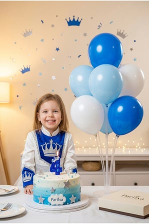 Küçük Prens Konseptli Mavi Simli Taç Detaylı Rakam Mum & Balon Stand Seti - Kraliyet Temalı Parti Paketi