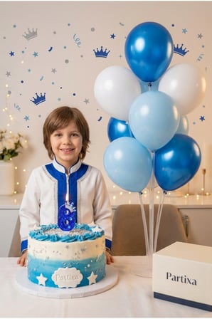 Küçük Prens Konseptli Mavi Simli Taç Detaylı Rakam Mum & Balon Stand Seti - Kraliyet Temalı Parti Paketi