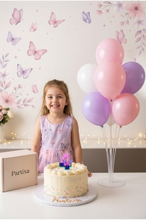 Masalsı Kelebek Konseptli Pembe Mor Rakamlı Pasta Mumu & Balon Stand Seti - Peri Bahçesi Doğum Günü Süsleme