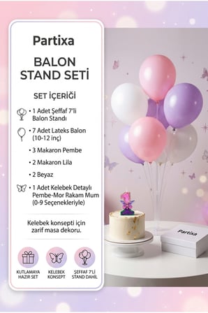 Masalsı Kelebek Konseptli Pembe Mor Rakamlı Pasta Mumu & Balon Stand Seti - Peri Bahçesi Doğum Günü Süsleme