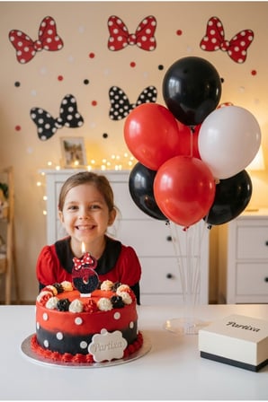 Kırmızı Siyah Fiyonk Detaylı Rakamlı Pasta Mumu & Balon Stand Seti - Uğur Böceği Parti Süsleme