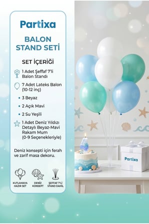 Deniz Yıldızı Temalı Beyaz Mavi Rakam Mum ve Balon Standı Seti - Doğum Günü Parti Süsleri (0-9 Yaş)
