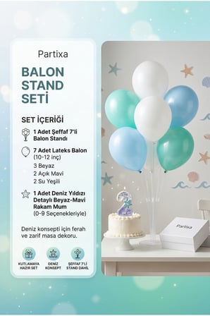 Deniz Yıldızı Temalı Beyaz Mavi Rakam Mum ve Balon Standı Seti - Doğum Günü Parti Süsleri (0-9 Yaş)